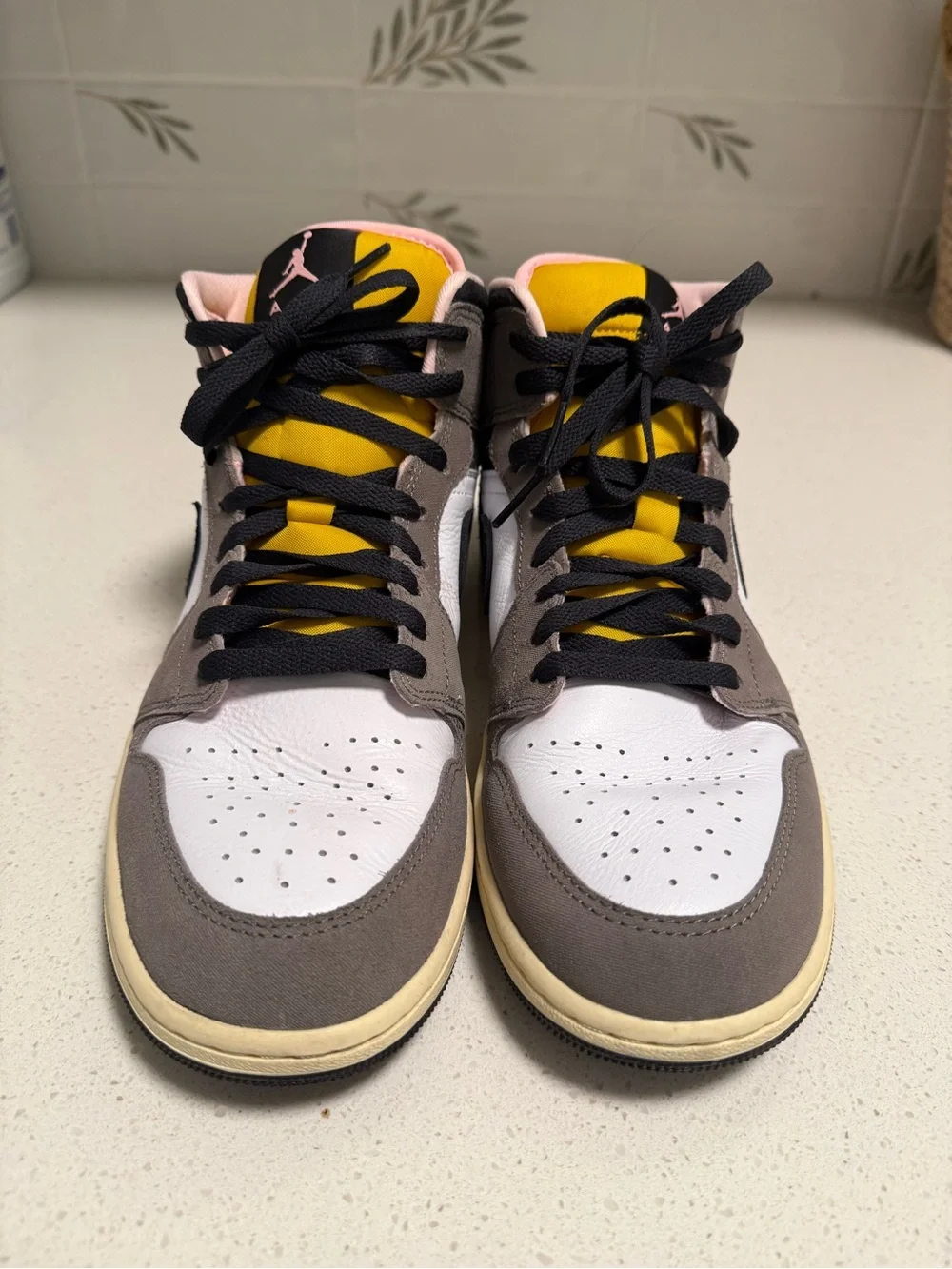 Jordan Mid Sneakers White Black Gray with Pink and Yellow Accents